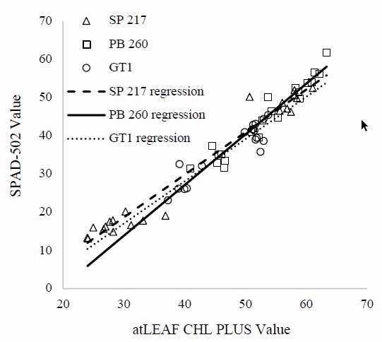 SPAD-502 and atLEAF CHL PLUS values provide good estimation of the
chlorophyll content for Hevea brasiliensis Müll. Arg. Leaves